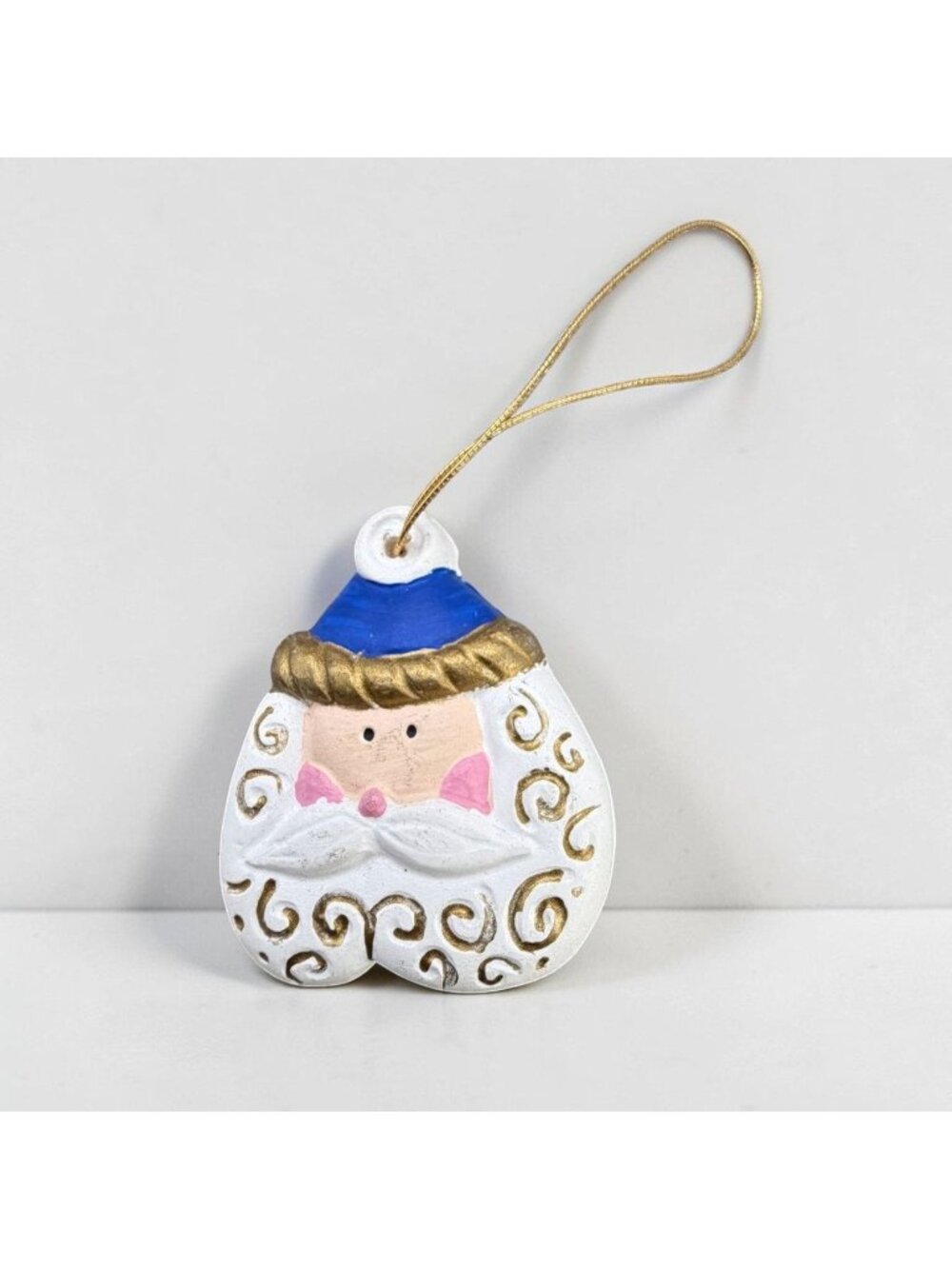 Vintage Santa Claus Face Christmas Ornament Whimsical Beard Handmade 1997 Blue